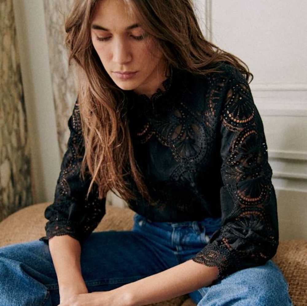 Sezane Bianca Blouse Black Lace High Collar Organic Cotton Size 40 Us. 8